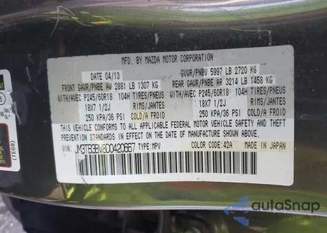 2013 Mazda Cx-9 Sport z USA, uszkodzony, nr VIN JM3TB3BV8D0420667